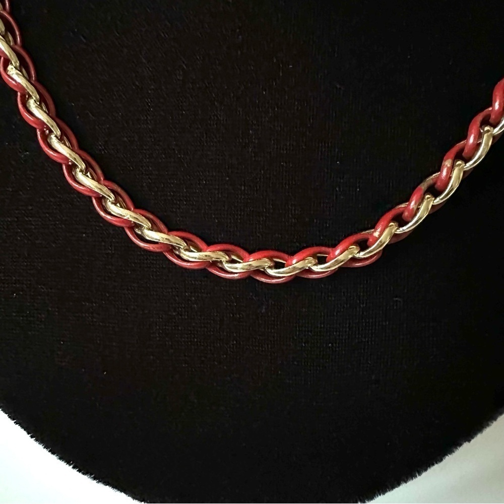 Vintage 80's Trifari Red Enamel Gold Plated Woven Layering Necklace - 24 inches - Picture 2 of 7